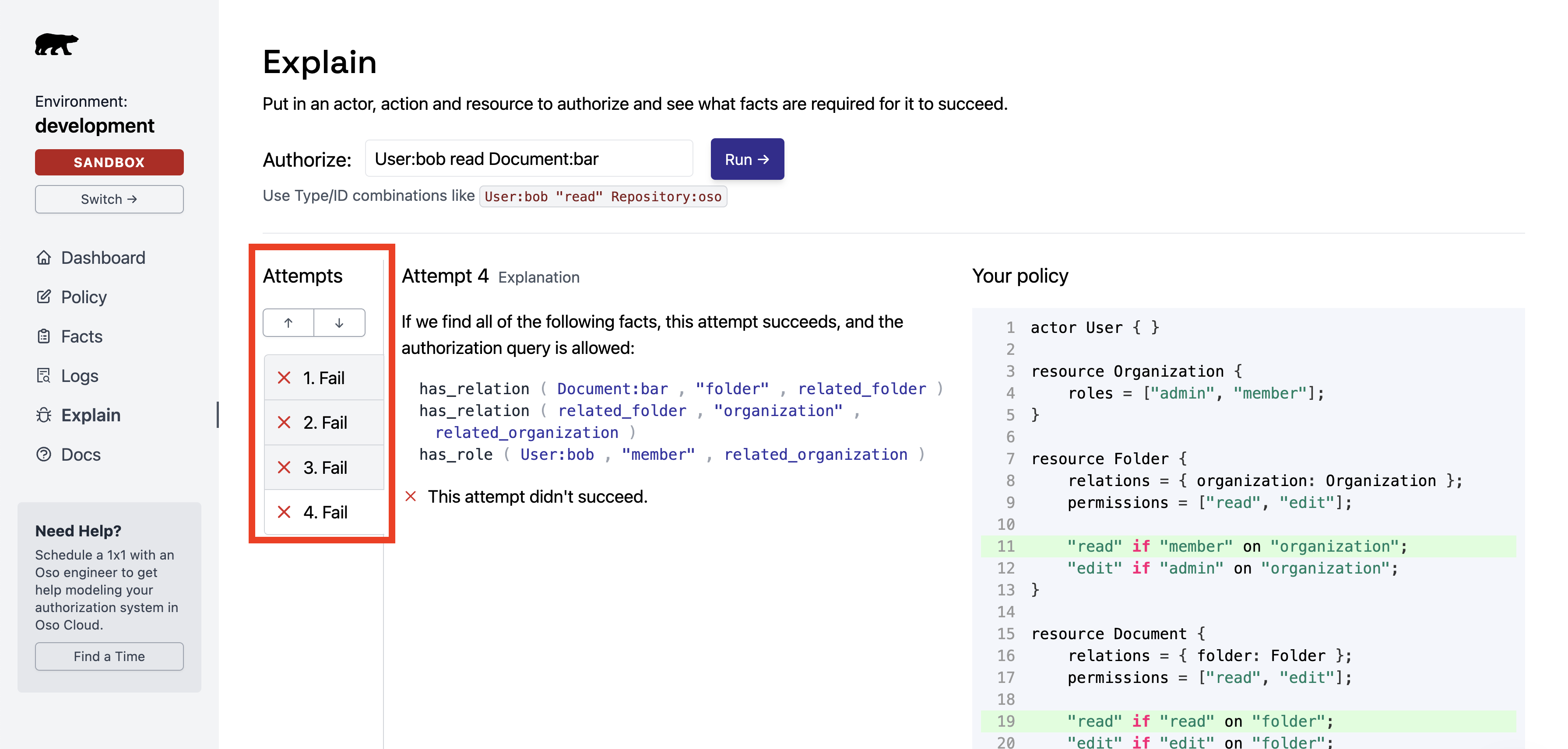 Explain page highlighting the failed query attempts